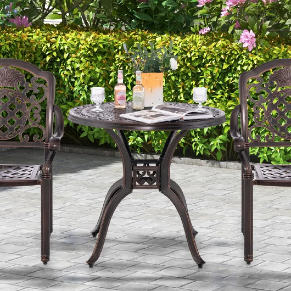 31.5 Cast Aluminum Table Patio Round Dining Table with Umbrella Hole-Copper