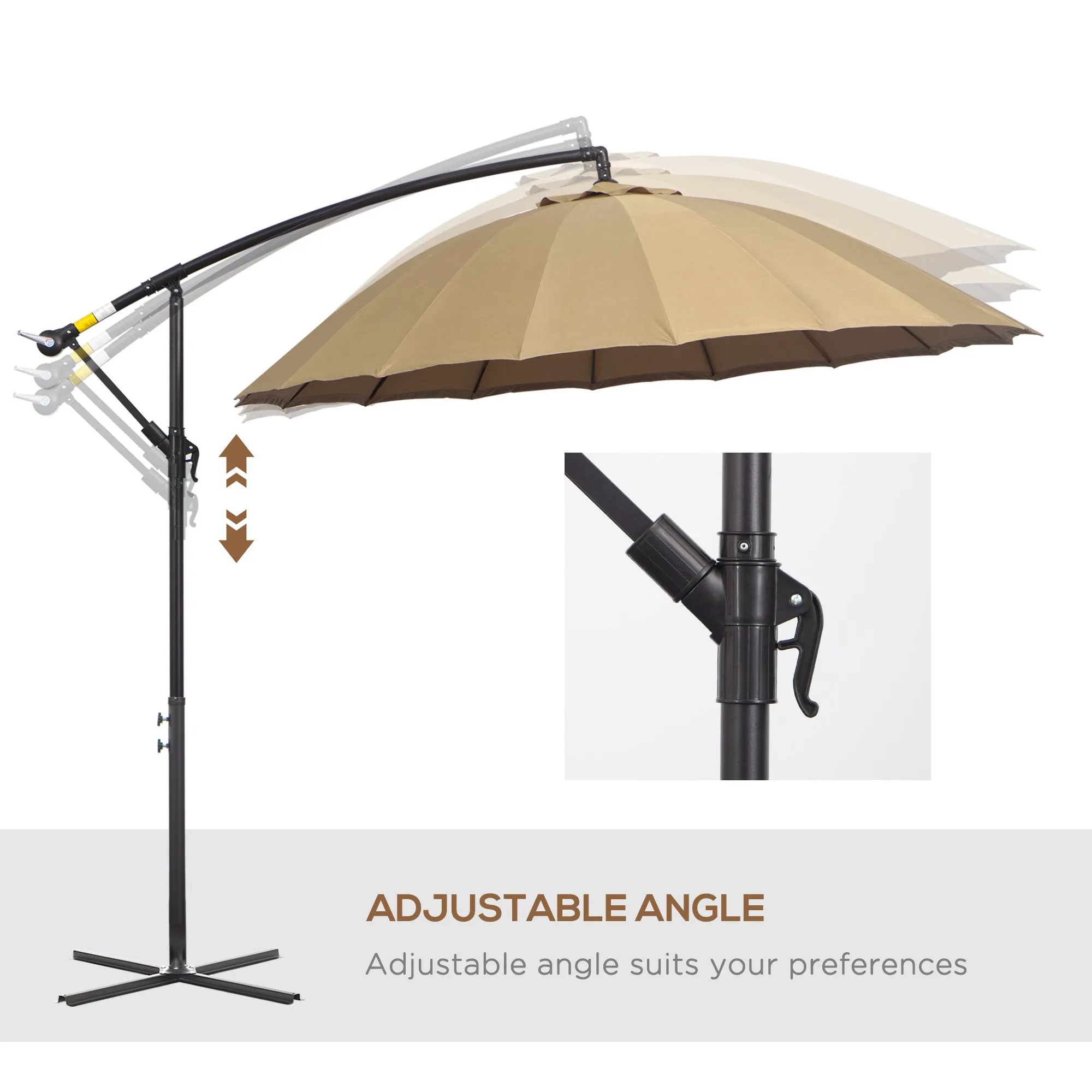 3(m) Cantilever Shanghai Parasol Garden Hanging Banana Sun Umbrella with Crank Handle, 18 Sturdy Ribs and Cross Base, Beige