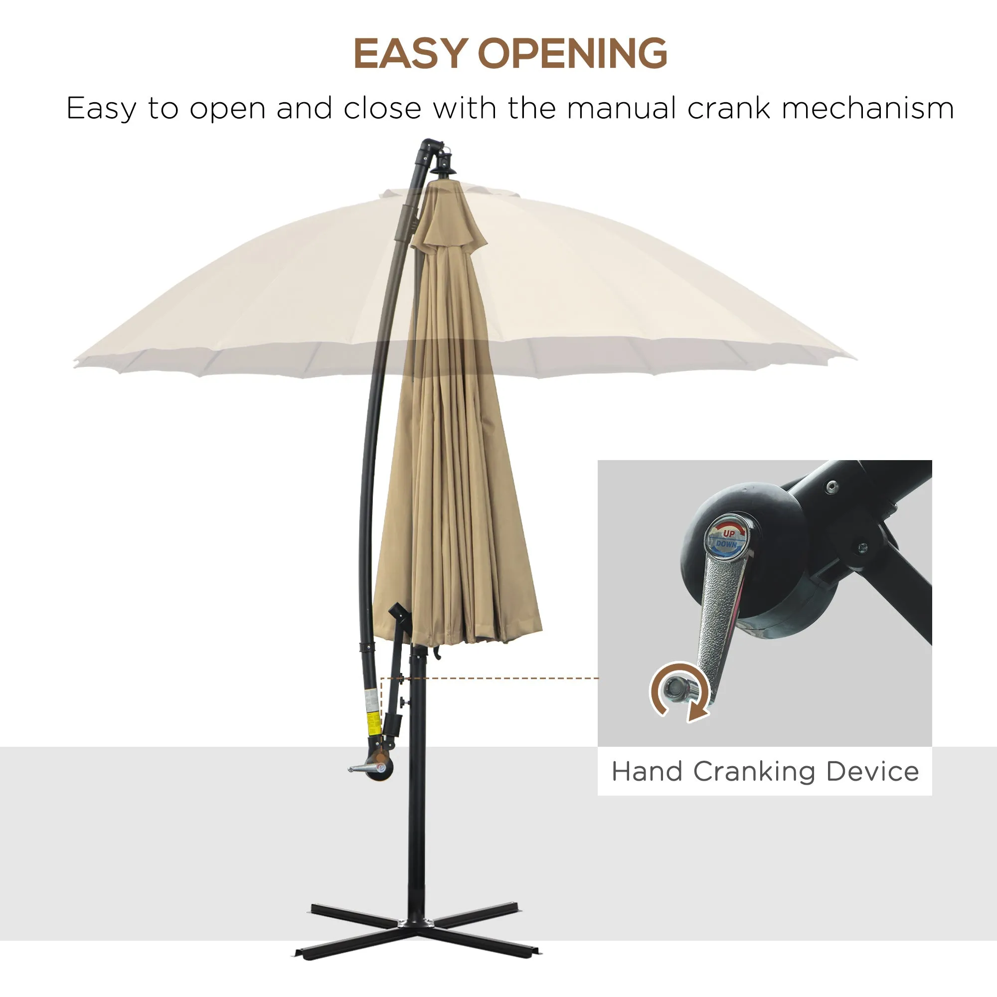 3(m) Cantilever Shanghai Parasol Garden Hanging Banana Sun Umbrella with Crank Handle, 18 Sturdy Ribs and Cross Base, Beige