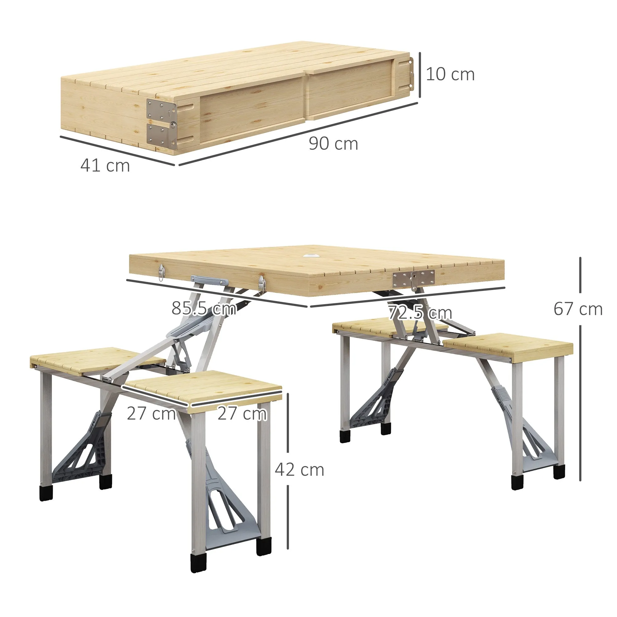 Aluminium Frame Folding Picnic Table, Portable Camping Table and Chairs Set with Umbrella Hole