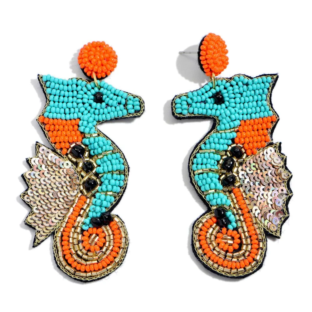 Beaded Earrings, Orange and Blue Seahorses