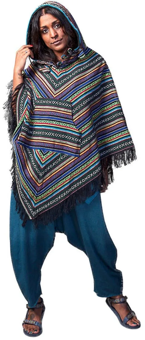 Black Poncho, Colorful line designs, 100% Cotton, Unisex Poncho