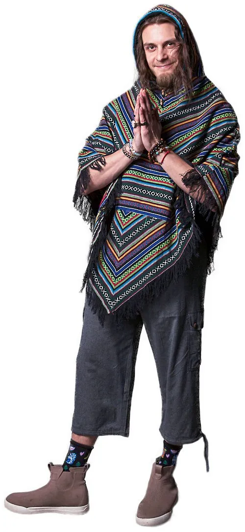 Black Poncho, Colorful line designs, 100% Cotton, Unisex Poncho