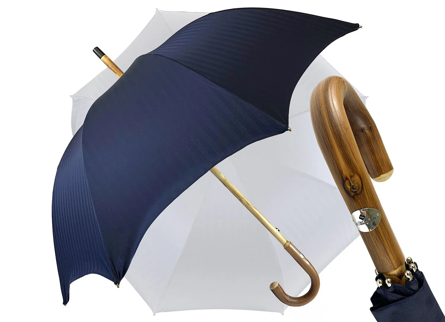 Blue Navy umbrella with Natural Chestnut Wood hand-curved