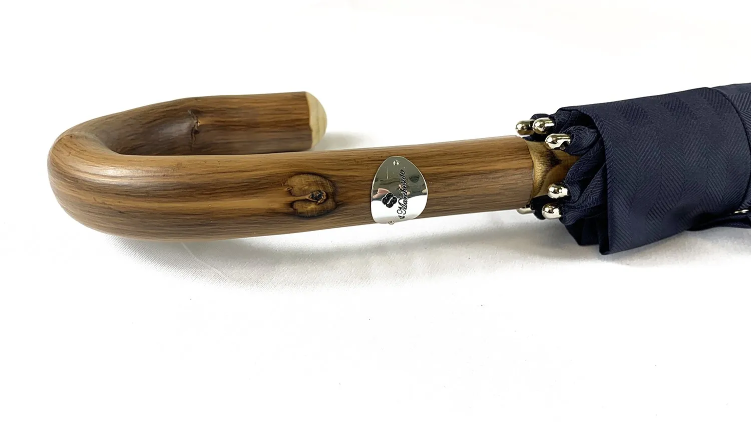 Blue Navy umbrella with Natural Chestnut Wood hand-curved