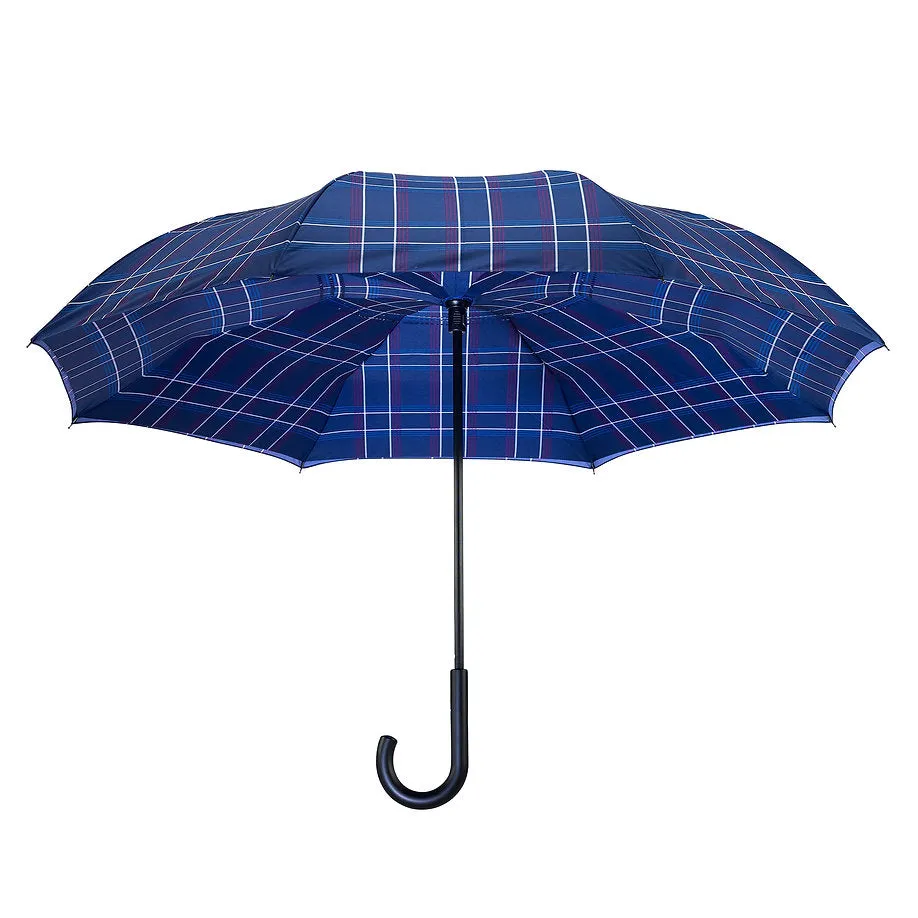 Blue Plaid Reverse Close Stick Umbrella