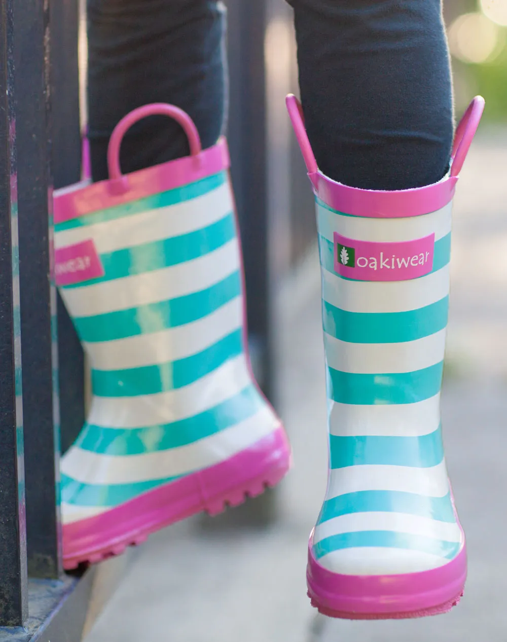 CHILDREN’S RUBBER RAIN BOOTS MINT, WHITE & PINK STRIPES