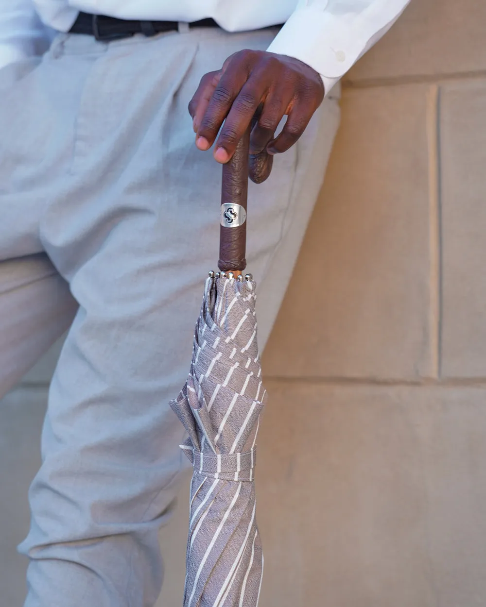 Classic Striped Umbrella with Ostrich leather handle