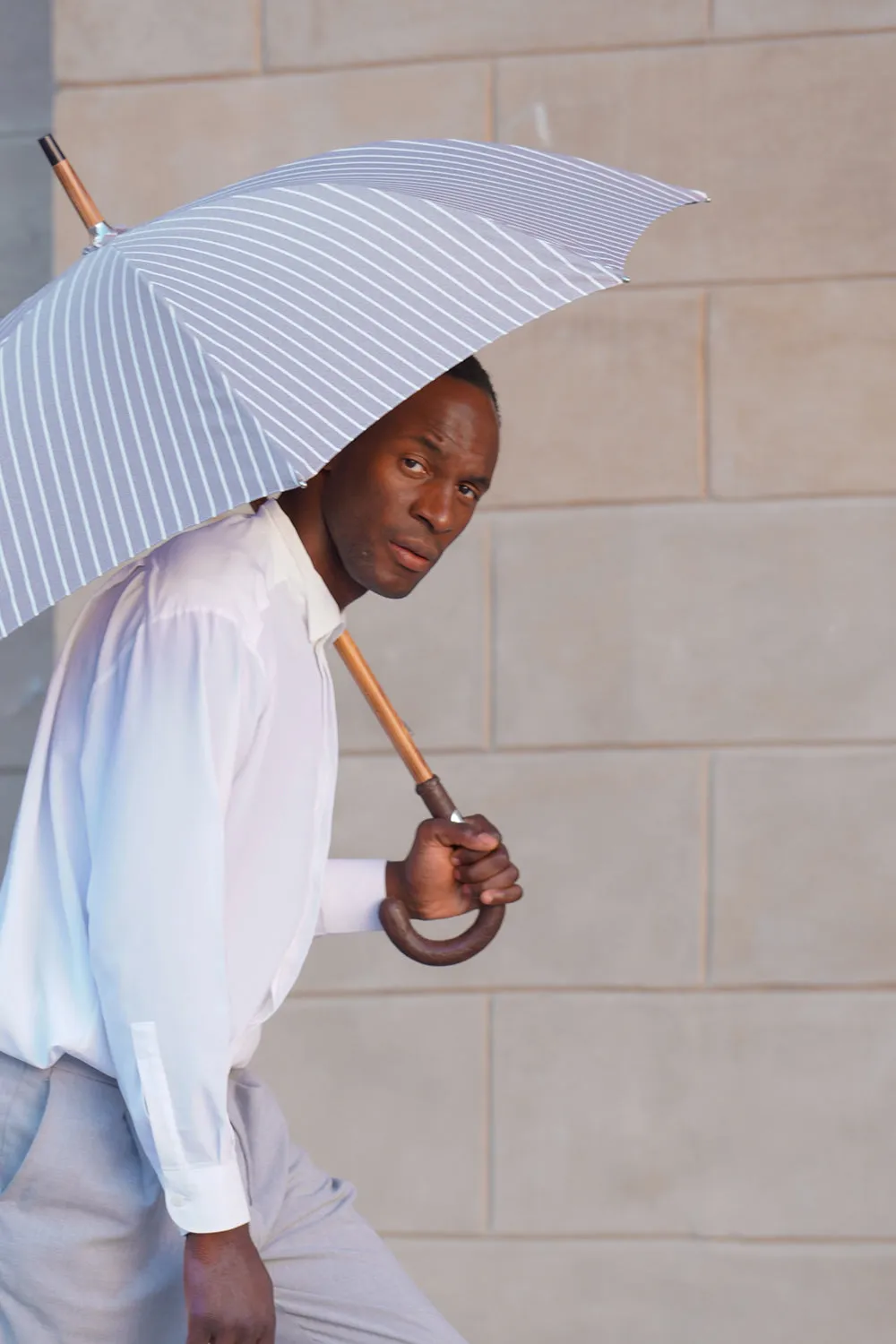 Classic Striped Umbrella with Ostrich leather handle