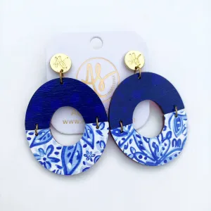 Colorful Geometric Statement Earrings - Classic Blue & White