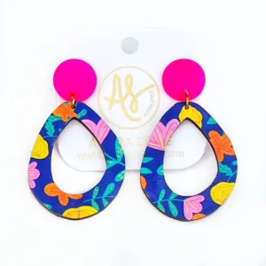 Colorful Geometric Statement Earrings - Navy Floral