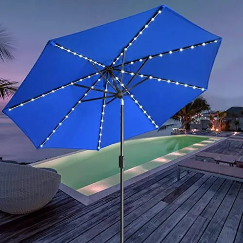 EliteShade USA 10-Year-Non-Fading Sunumbrella Solar 9ft Market Umbrella with 80 LED Lights Patio Umbrellas Outdoor Table Umbrella with Ventilation,Royal Blue