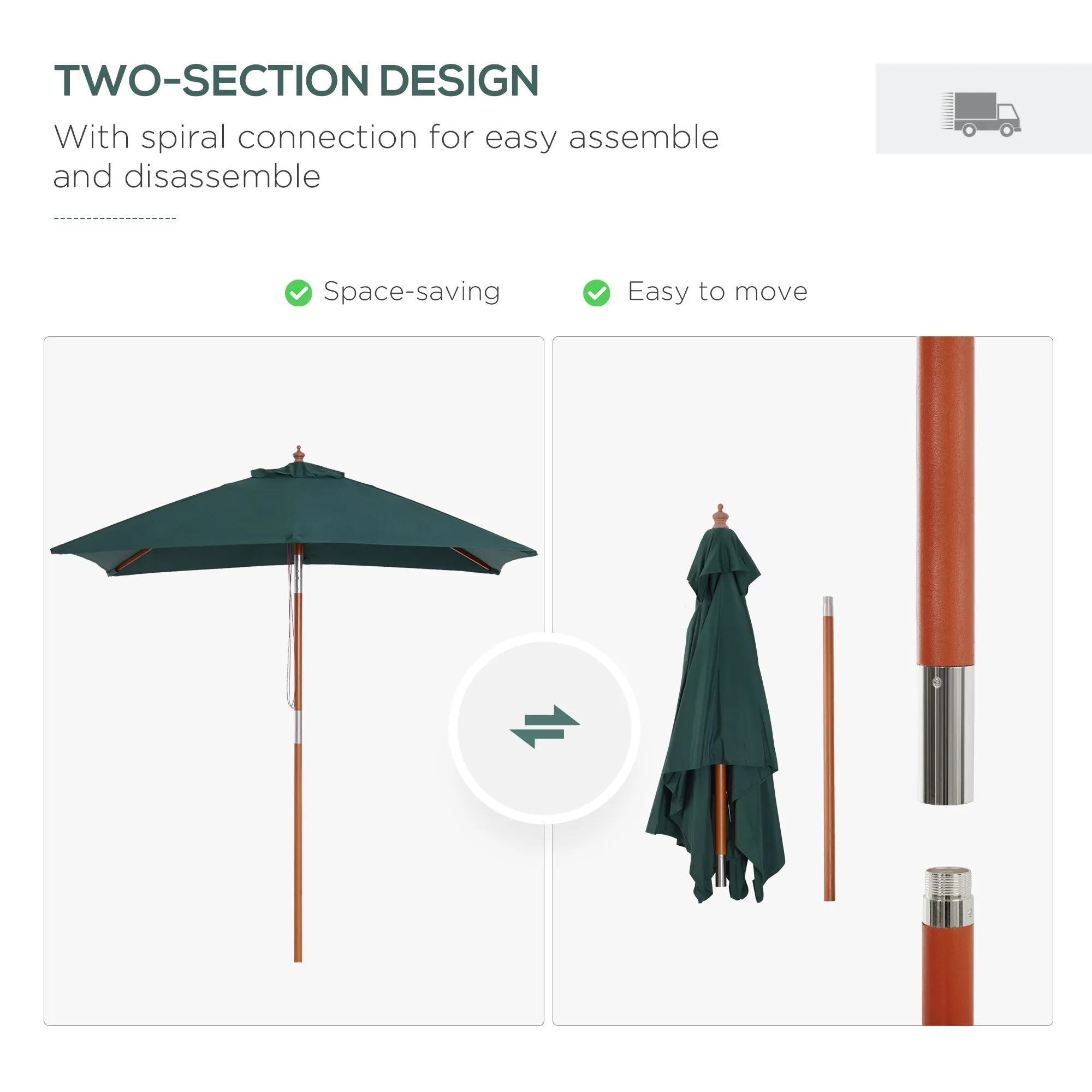 Garden Umbrella Patio Umbrella Market Parasol, Outdoor Sunshade 6 Ribs w/ Wood and Bamboo Frame, Brown Green