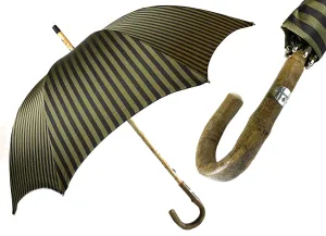 Handcrafted Dark Green striped Umbrella - Natural Ash Wood hand-curved