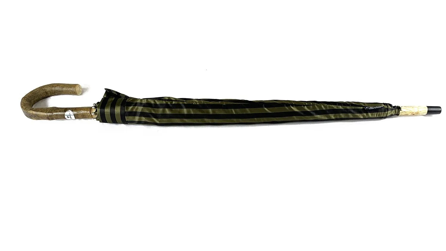 Handcrafted Dark Green striped Umbrella - Natural Ash Wood hand-curved