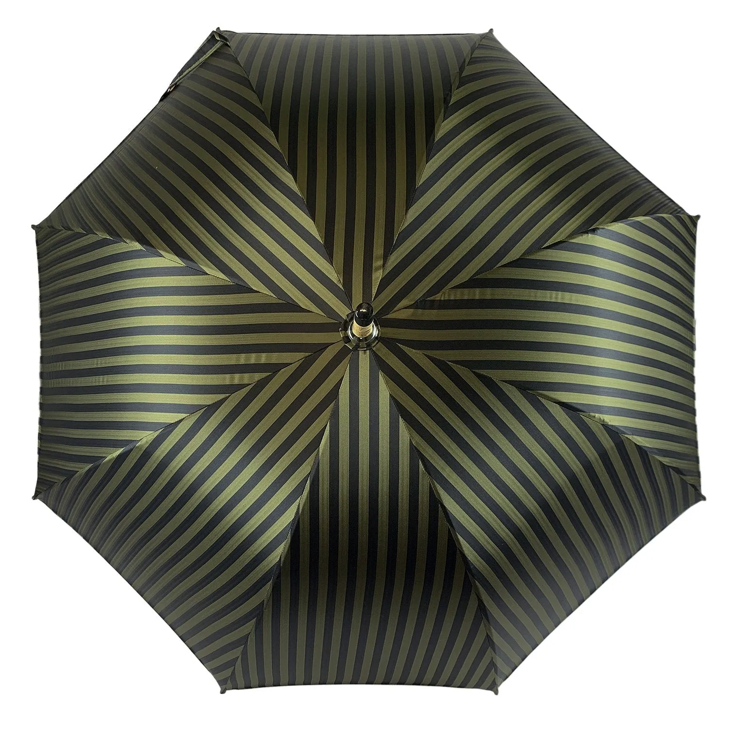 Handcrafted Dark Green striped Umbrella - Natural Ash Wood hand-curved