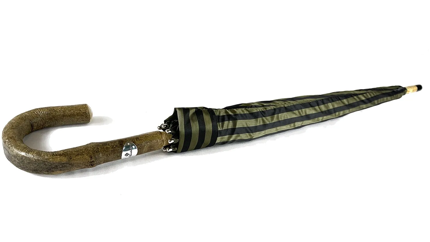 Handcrafted Dark Green striped Umbrella - Natural Ash Wood hand-curved