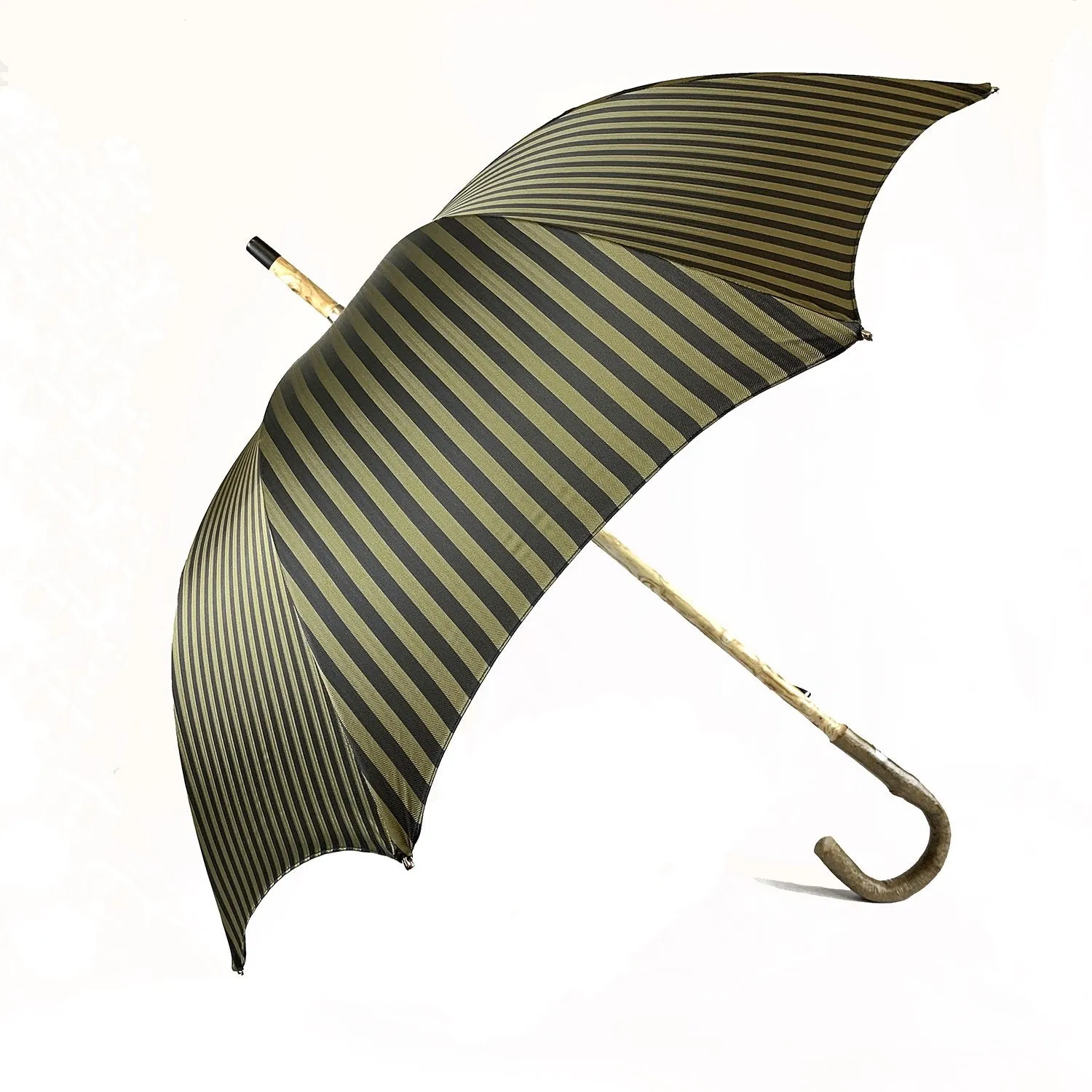 Handcrafted Dark Green striped Umbrella - Natural Ash Wood hand-curved