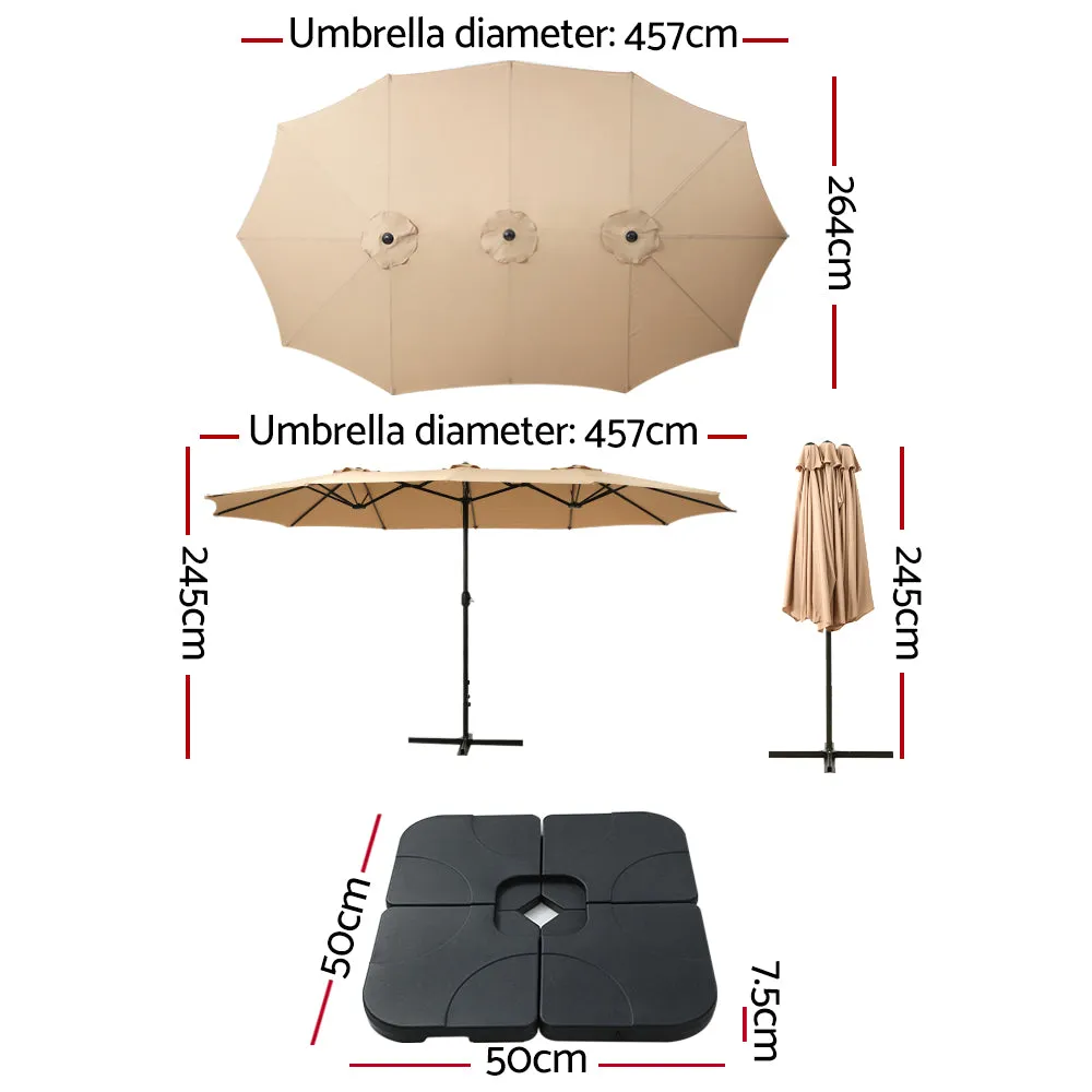 Instahut Outdoor Umbrella Beach Twin Base Stand Garden Sun Shade Beige 4.57m