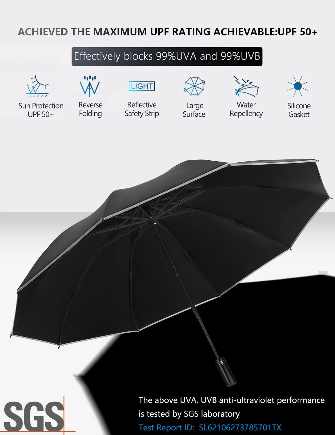 ITEM# 0172   Umbrella Pro | UPF 50  99% UV Protection, Reflective Safety Strip, Sturdy Windproof, Travel Portable, Automatic | Reverse Folding Umbrella (Watch Video)