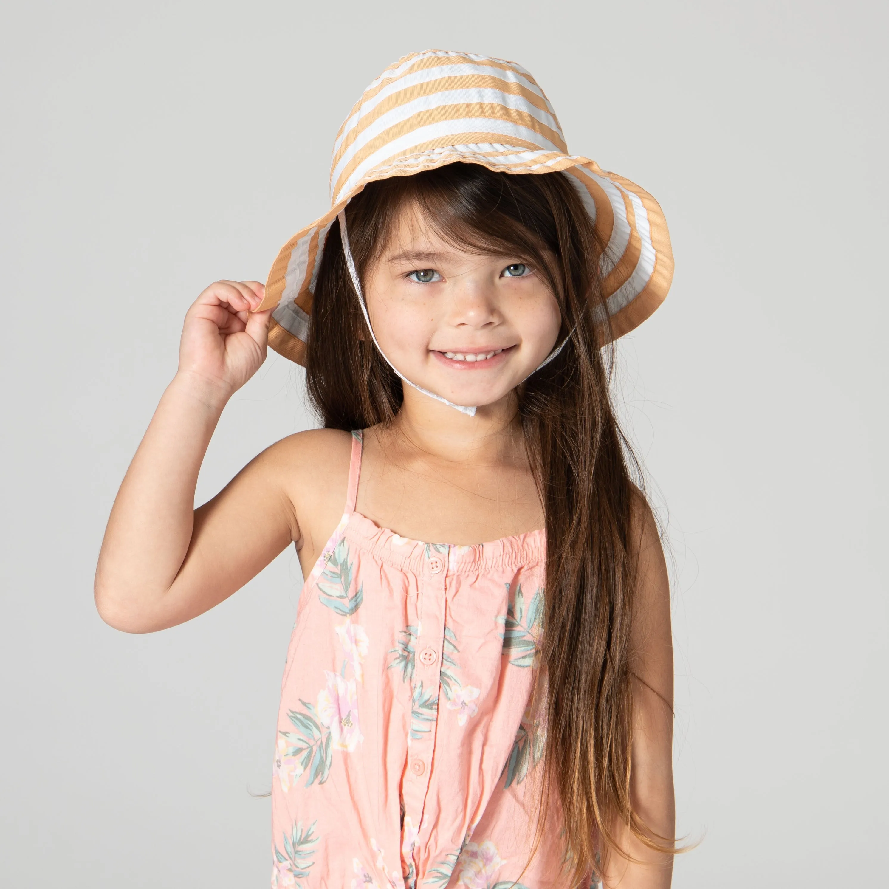 Kids Striped Ribbon Bucket Hat With Chin Strap