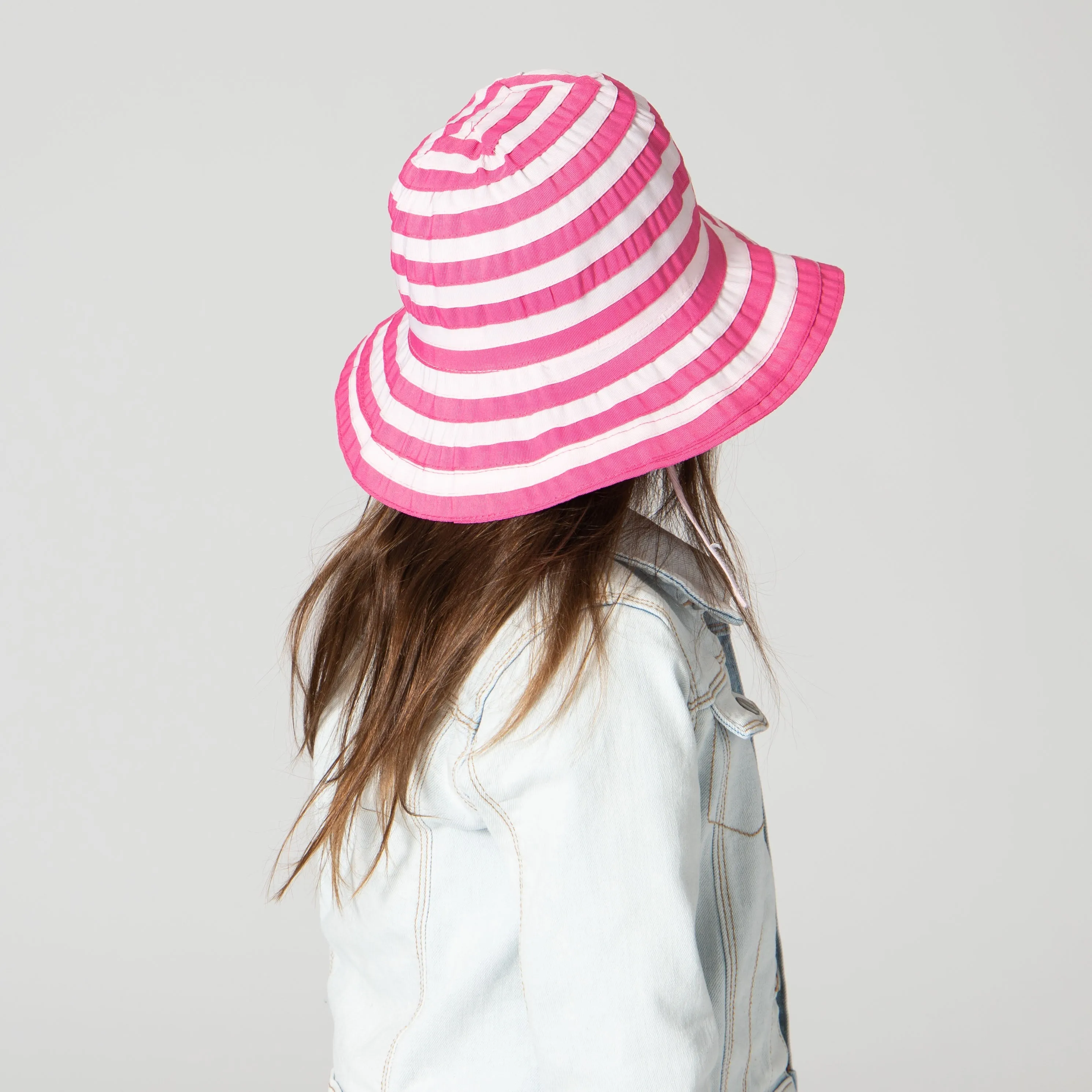 Kids Striped Ribbon Bucket Hat With Chin Strap