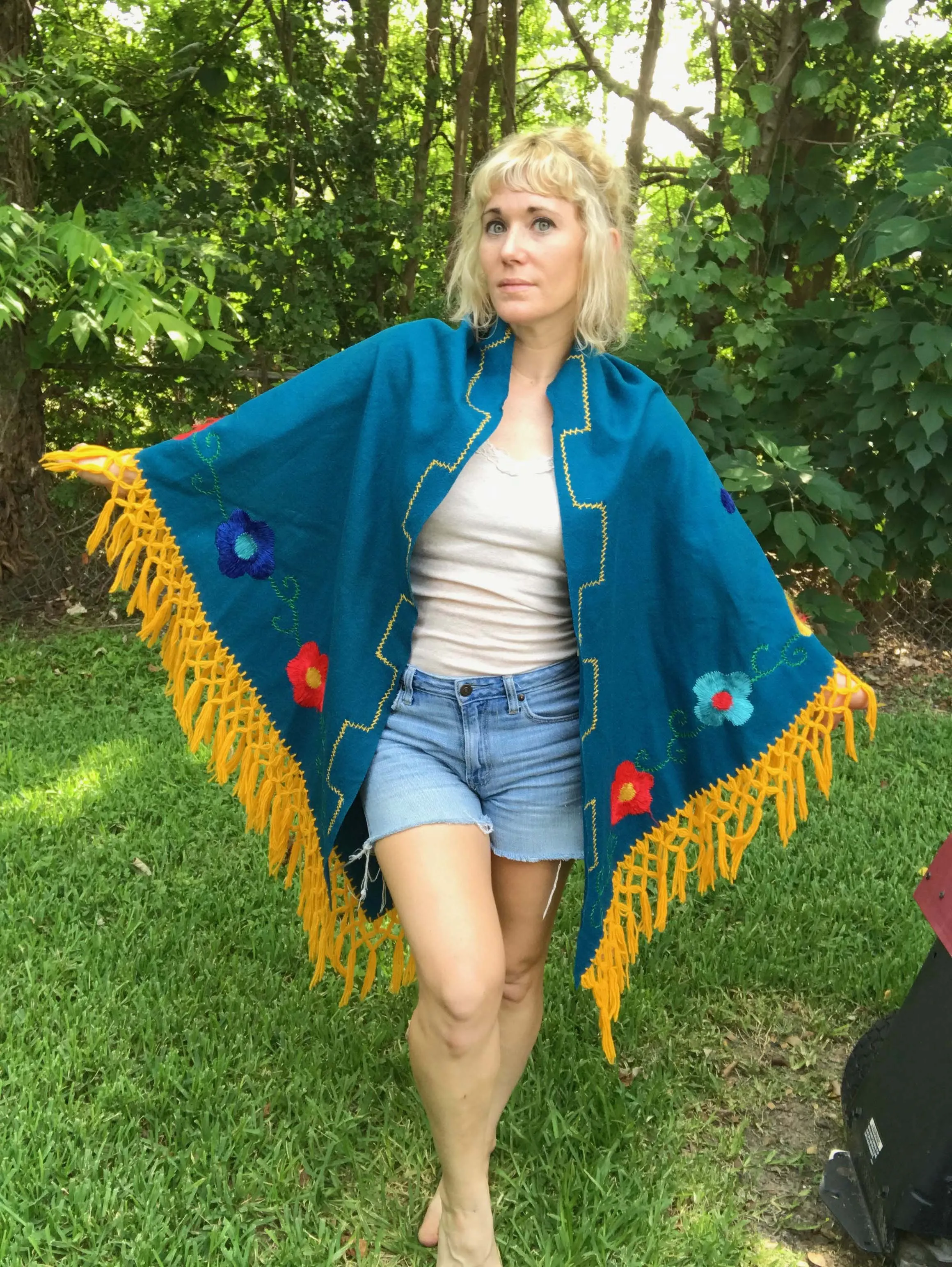 Vintage 70s | Hippie Woodstock Boho Mexican Fringe Embroidered Lace Shawl Cape