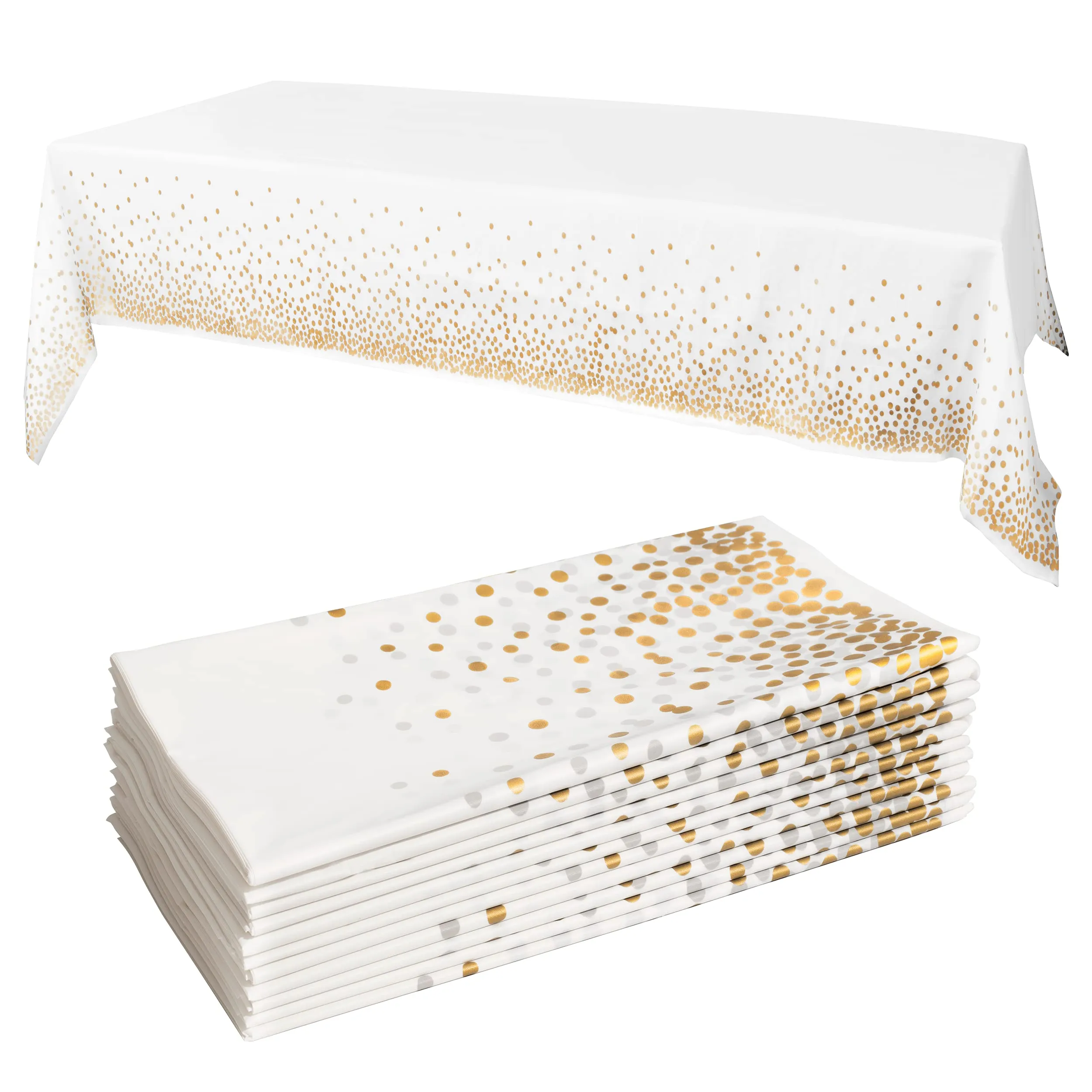 White/Gold Tablecloths, 12pk, 54"X108" - Gold Dot Tablecloths - White Plastic