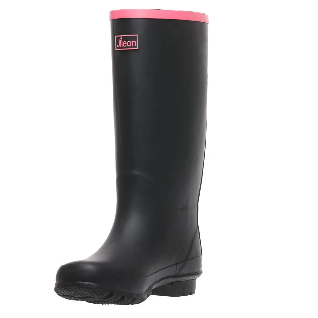 Wide Calf Rain Boots - 15 to 18 inch Calf - Black with Pink Trim - Wide in Foot and Ankle