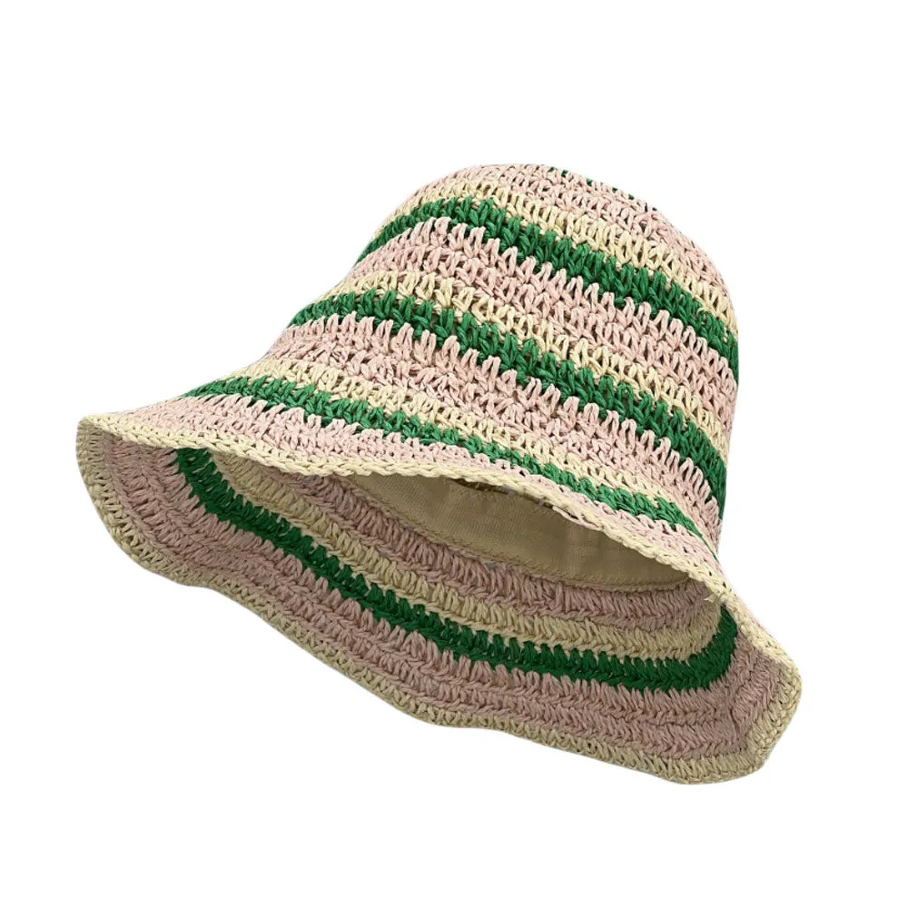 Women Cap Straw Crochet Sun Summer Bowler Foldable Bucket Hat YZH0158