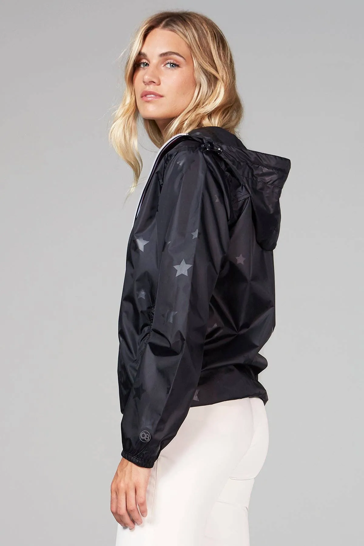 Women's Black Gloss Stars Full Zip Packable Rain Jacket and Windbreaker