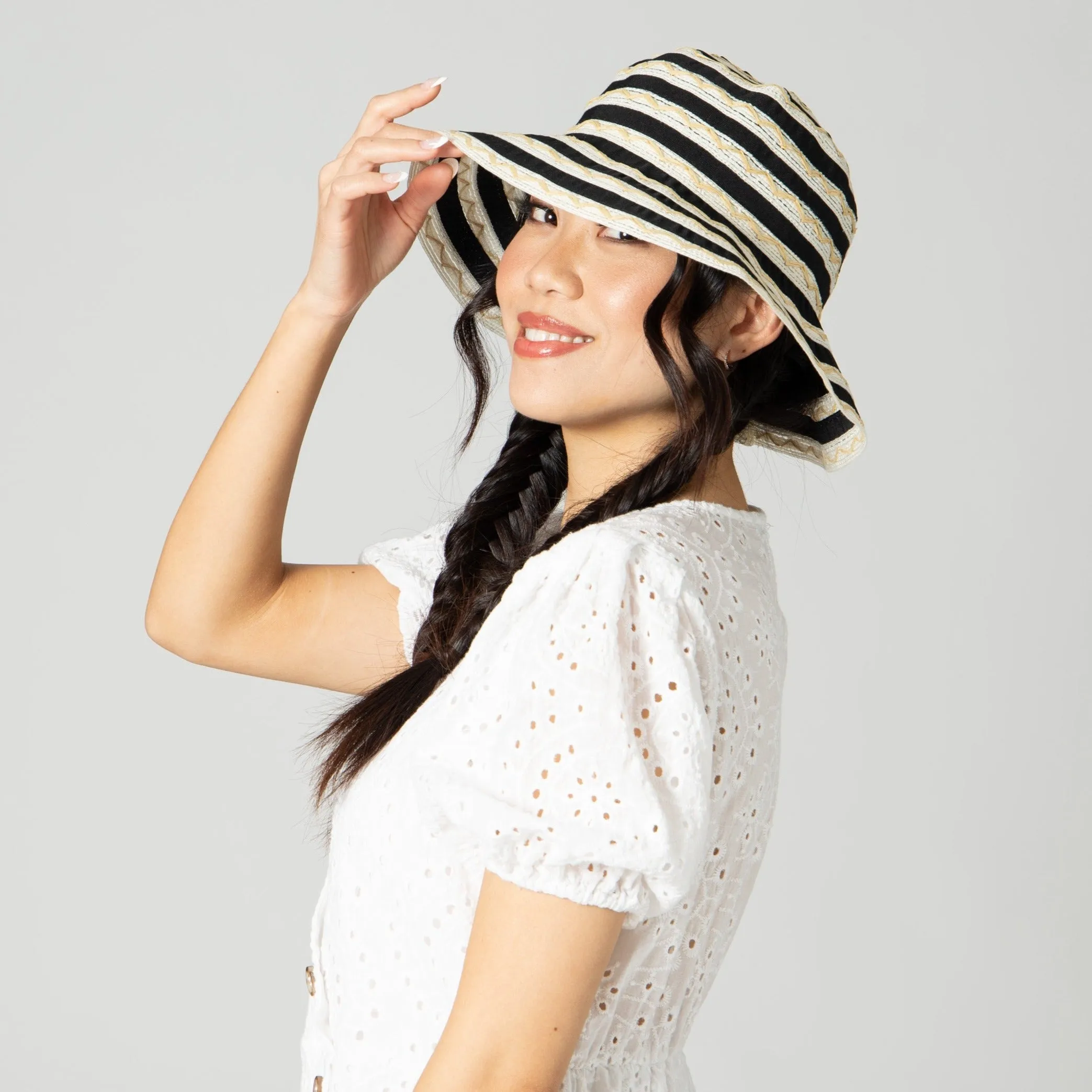 Women's Ribbon Sun Hat With Mixed Zig Zag Straw