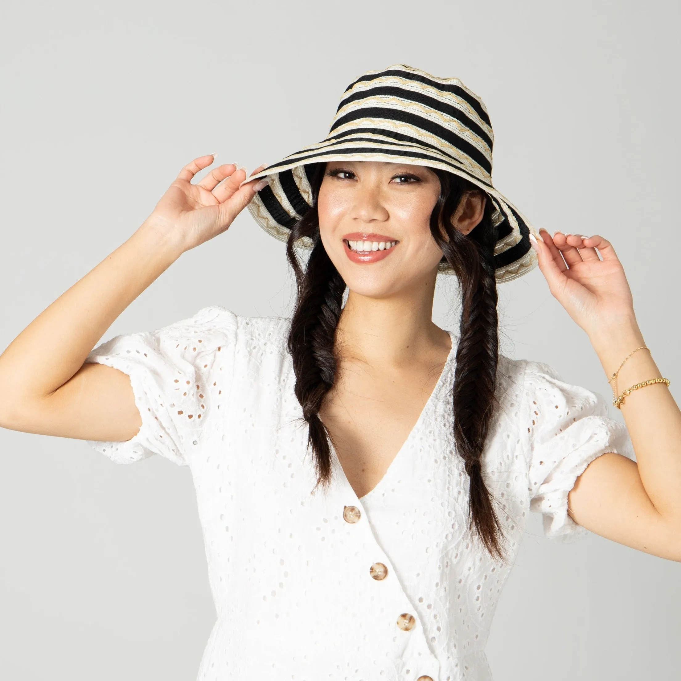 Women's Ribbon Sun Hat With Mixed Zig Zag Straw