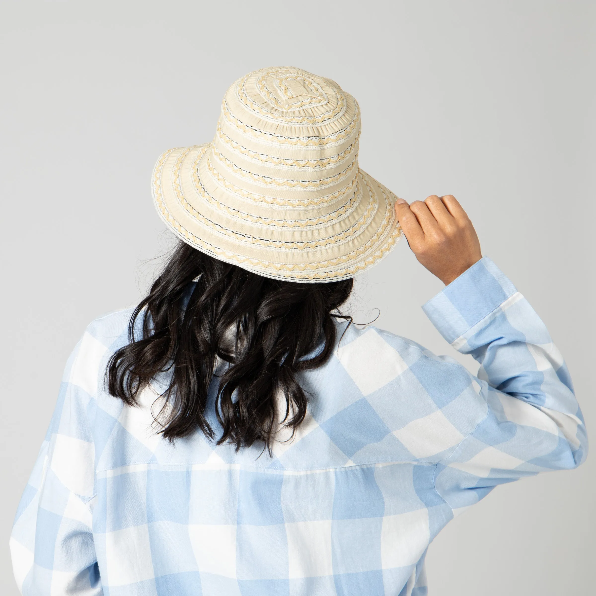 Women's Ribbon Sun Hat With Mixed Zig Zag Straw