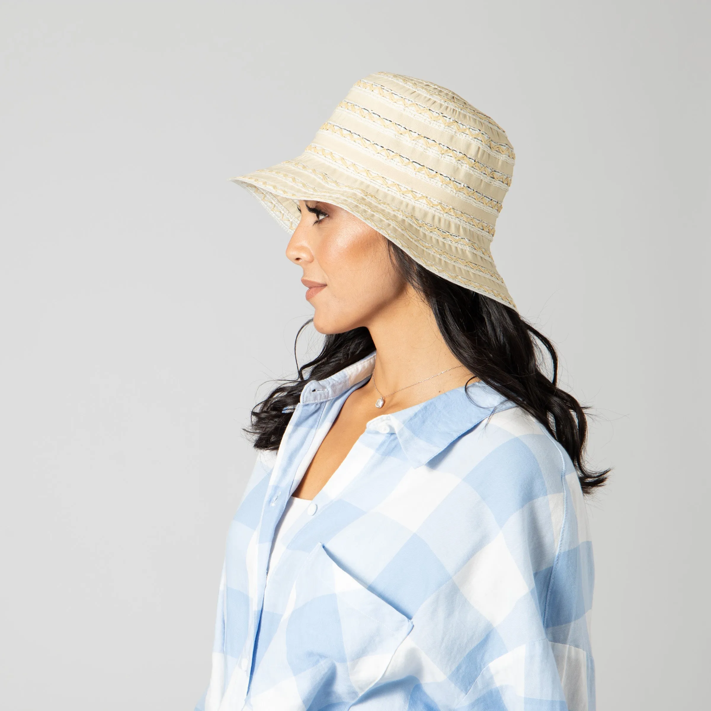 Women's Ribbon Sun Hat With Mixed Zig Zag Straw