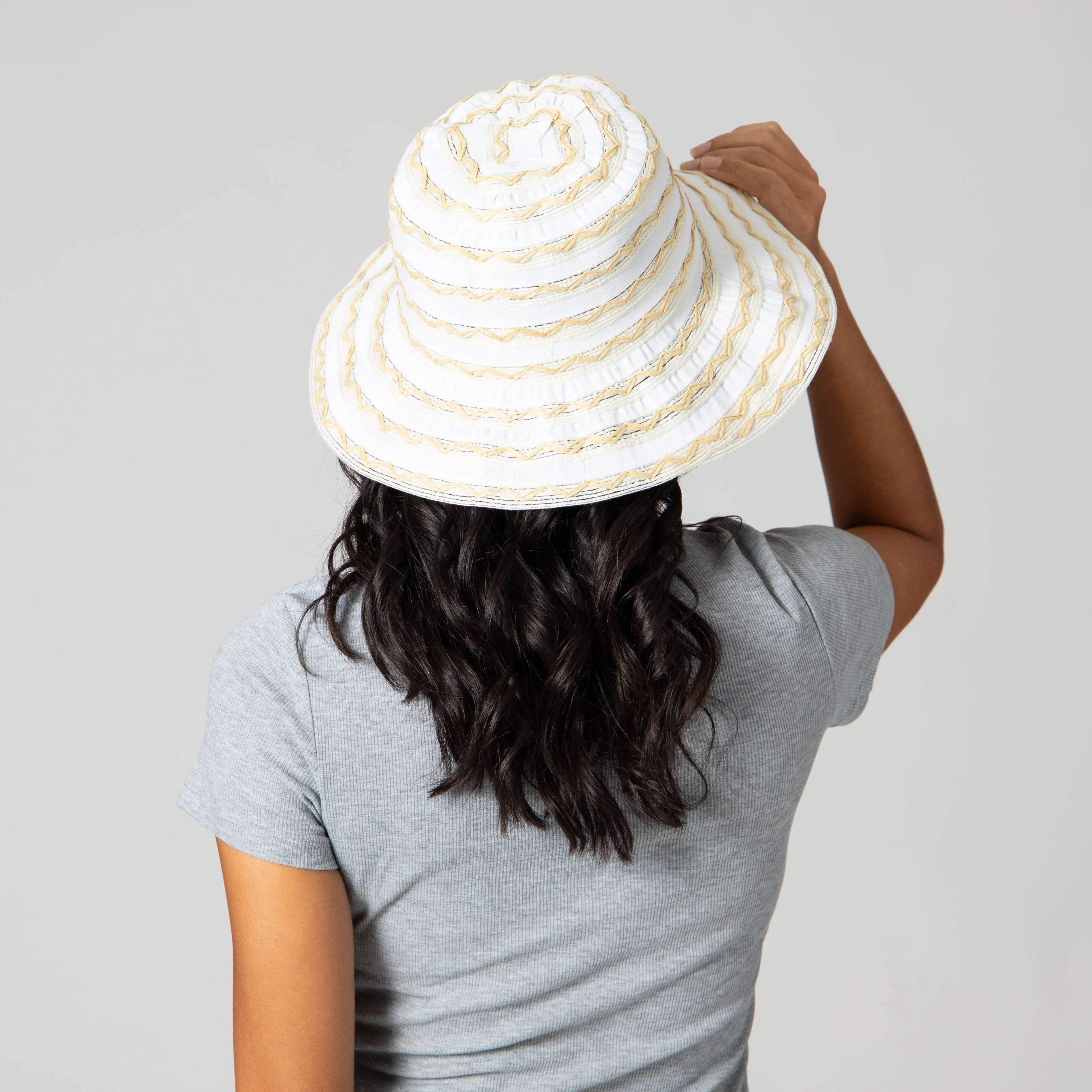 Women's Ribbon Sun Hat With Mixed Zig Zag Straw