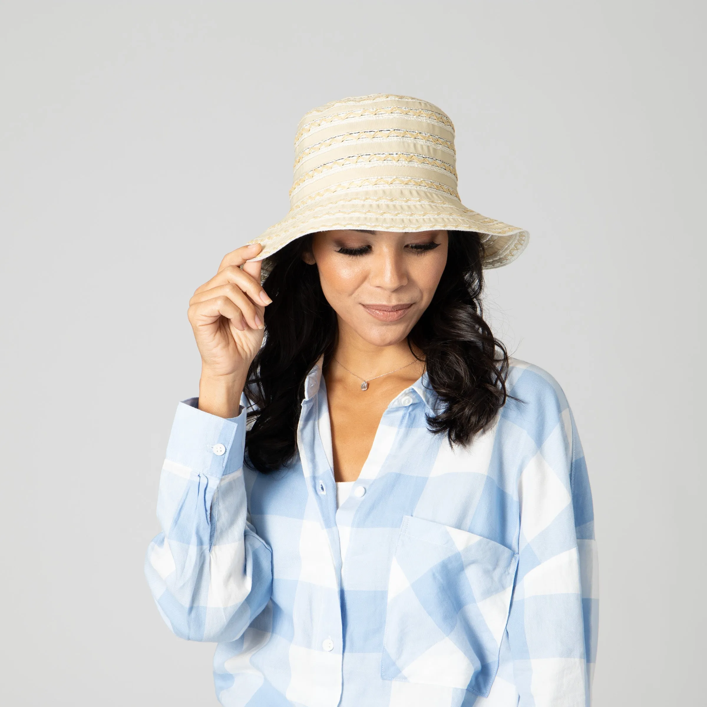 Women's Ribbon Sun Hat With Mixed Zig Zag Straw